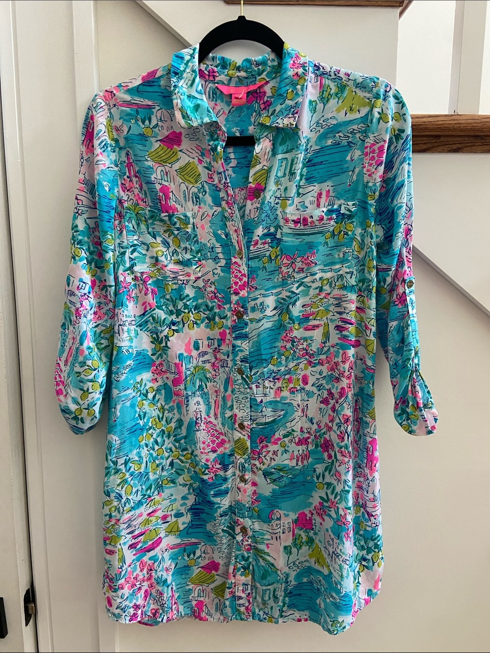 Lilly Pulitzer Turquoise Pink Green Floral Button-Up Tunic Dress